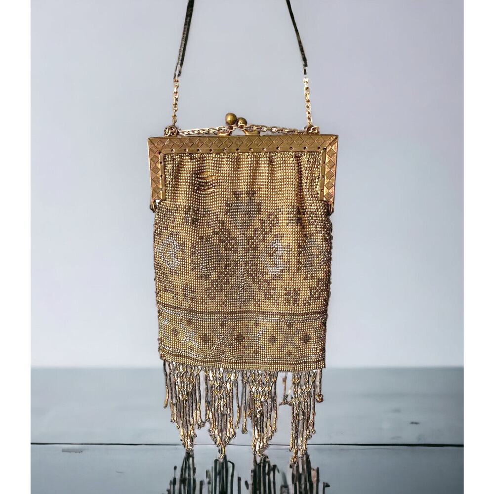 Vtg Antique Art Nouveau Gold Silver French Steel Micro Bead Fringe Bag Purse